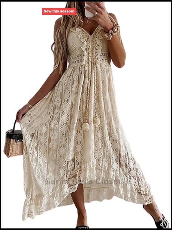 Dresses & Skirts - Lace V-Neck Sleeveless Maxi Sundress Boho Crochet Tassel Beach Vacation